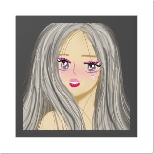 Anime cartoon girl with gray hair Posters and Art